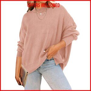 Long Sleeve Crew Neck Ribbed Knit Pullover Sweater with Side Slit